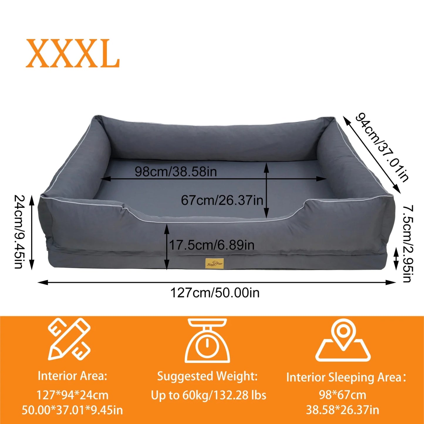 Orthopedic Dog Beds Dark Grey Pet Sofa Cushion with Removable Machine Washable Cover Foam Base & Bolsters Dog Couch for Large Medium Small Dogs
