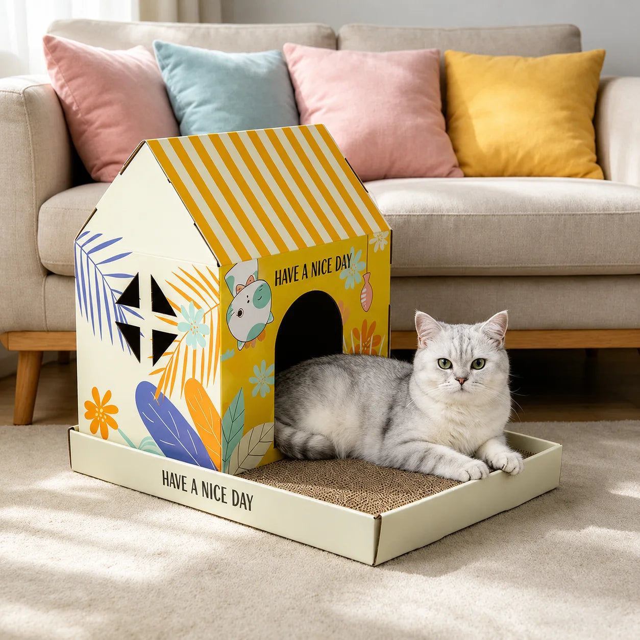 Corrugated Cardboard Cat Scratcher House Indoor Cat Bed Shelter with Scratching Pad Single Double Layer Villa Cat Furniture