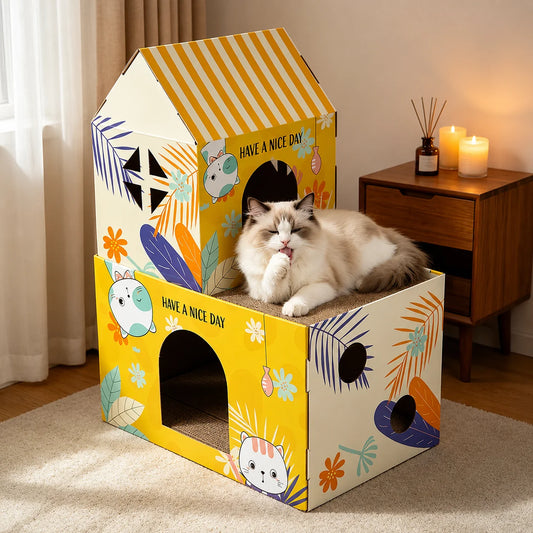 Corrugated Cardboard Cat Scratcher House Indoor Cat Bed Shelter with Scratching Pad Single Double Layer Villa Cat Furniture