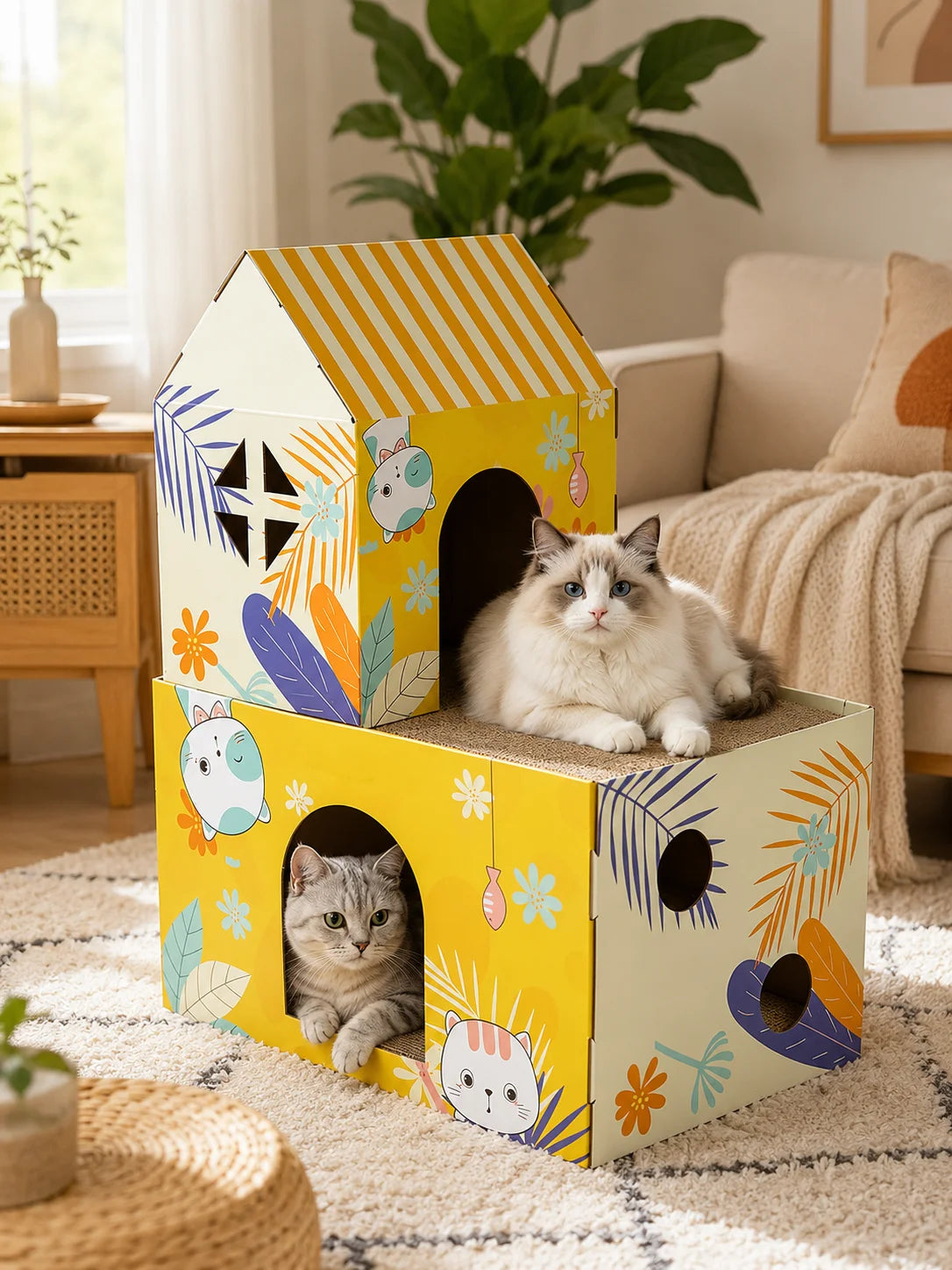 Corrugated Cardboard Cat Scratcher House Indoor Cat Bed Shelter with Scratching Pad Single Double Layer Villa Cat Furniture