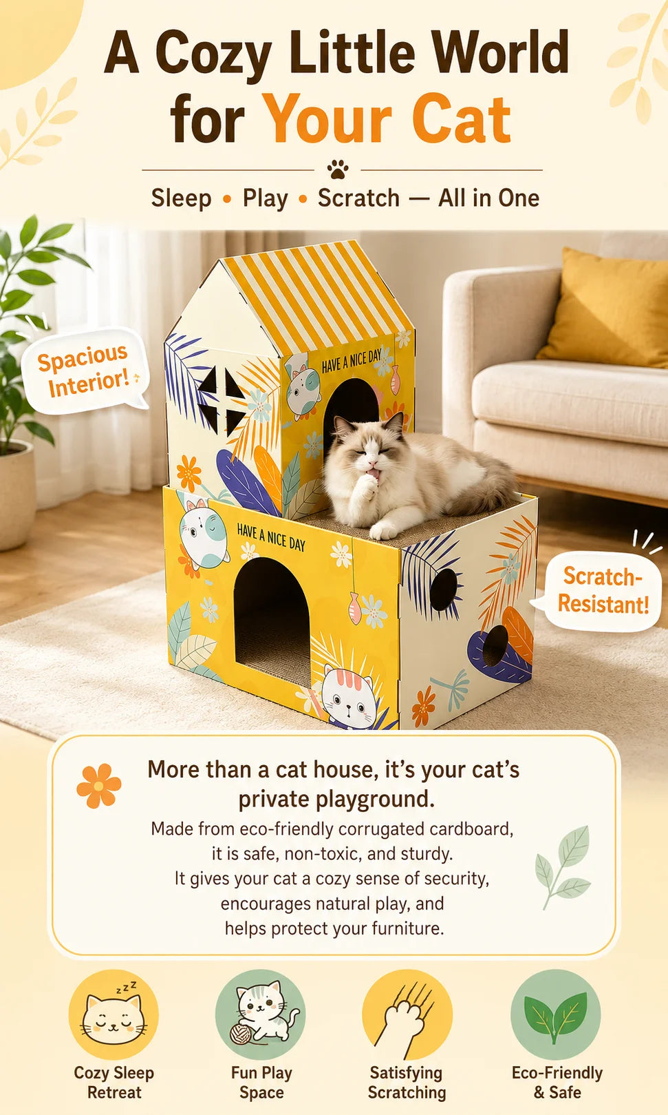 Corrugated Cardboard Cat Scratcher House Indoor Cat Bed Shelter with Scratching Pad Single Double Layer Villa Cat Furniture