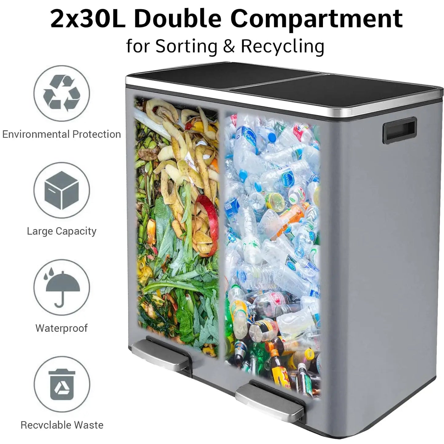 16 Gal (60 L) Stainless Steel Kitchen Trash Can Dual Recycling Bin Garbage Can with Lid Garbage Bin Dustbin w/ Soft-Close Lid