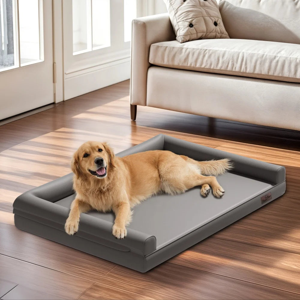 Extra Large Orthopedic Dog Bed Bolster Microfiber Leather Pet Dog Sofa Waterproof Couch Calming Bed with Removable Cover