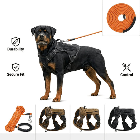 Premium Tactical Dog Harness 16.4ft Leash for Large Dogs Heavy Duty Military Style Reinforced Straps Safety Control Hiking