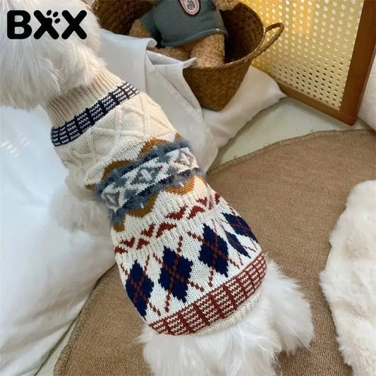 BXX Autumn Winter Fair Isle Knit Pet Sweater Vintage British Argyle Jacquard Warm Pullover For Small Dogs Cats Outfit