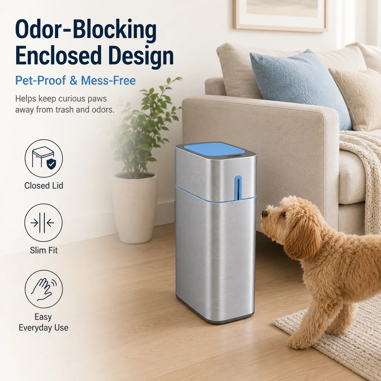 Joybos Premium Stainless Steel Smart Trash Can, 2.8 Gallon Touchless Motion Sensor Garbage Bin with Lid, Fingerprint-Resistant Slim Waste Container for High-End Bathroom & Kitchen, Includes 120 Drawstring Bags (8 Rolls)