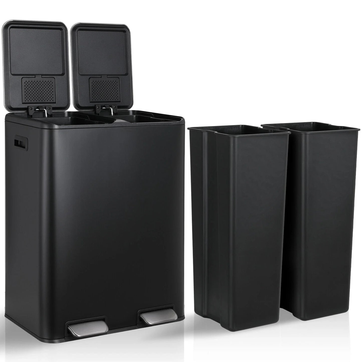 60L/16 Gal Dual Trash Can Stainless Steel Step Garbage Can w/Built-in Filter Box Kitchen Garbage Bin Recycle Waste Dustbin