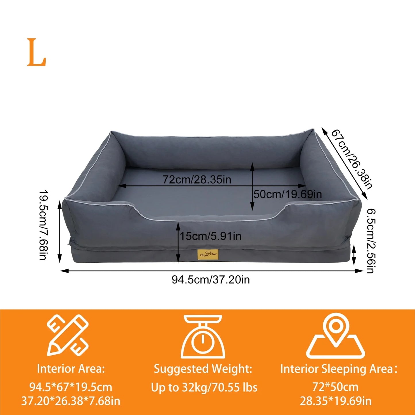 Orthopedic Dog Beds Dark Grey Pet Sofa Cushion with Removable Machine Washable Cover Foam Base & Bolsters Dog Couch for Large Medium Small Dogs