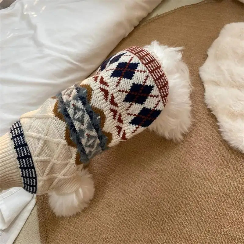 BXX Autumn Winter Fair Isle Knit Pet Sweater Vintage British Argyle Jacquard Warm Pullover For Small Dogs Cats Outfit