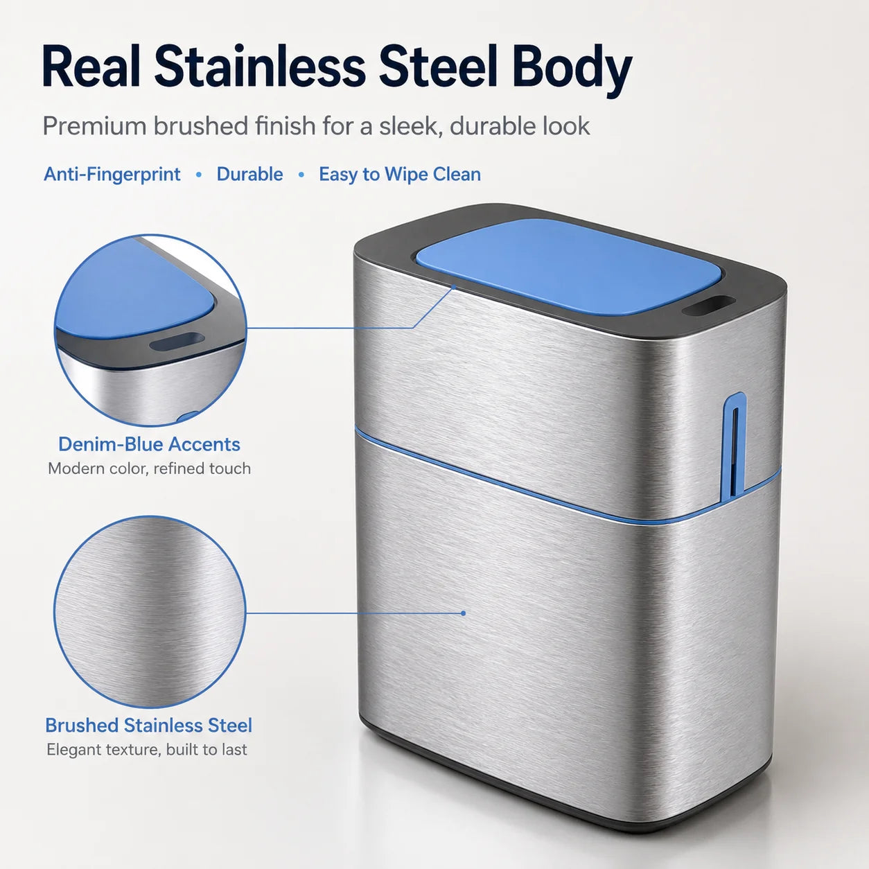Joybos Premium Stainless Steel Smart Trash Can, 2.8 Gallon Touchless Motion Sensor Garbage Bin with Lid, Fingerprint-Resistant Slim Waste Container for High-End Bathroom & Kitchen, Includes 120 Drawstring Bags (8 Rolls)