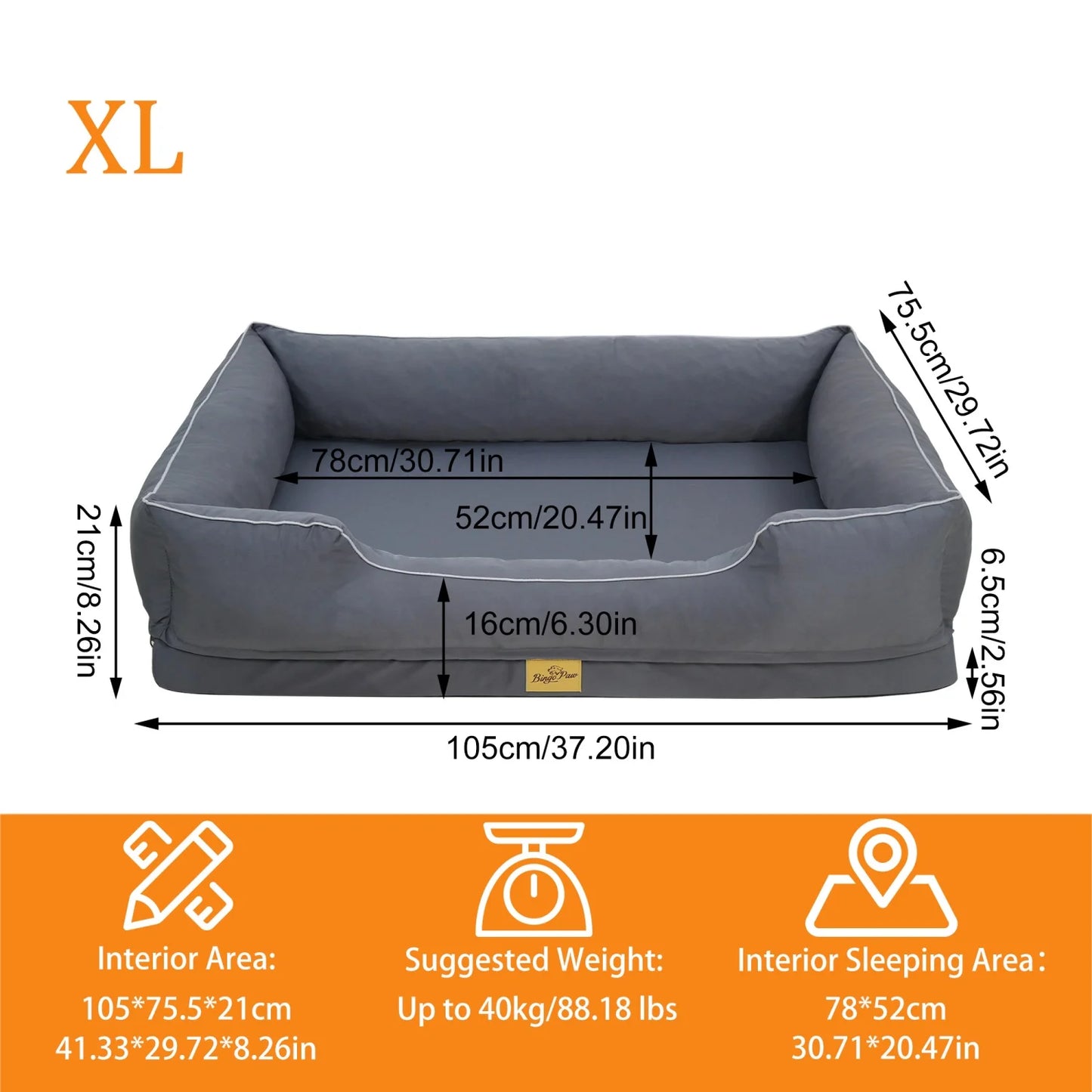 Orthopedic Dog Beds Dark Grey Pet Sofa Cushion with Removable Machine Washable Cover Foam Base & Bolsters Dog Couch for Large Medium Small Dogs