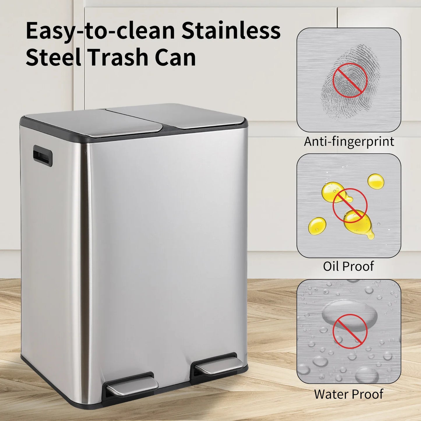 60L/16 Gal Dual Trash Can Stainless Steel Step Garbage Can w/Built-in Filter Box Kitchen Garbage Bin Recycle Waste Dustbin