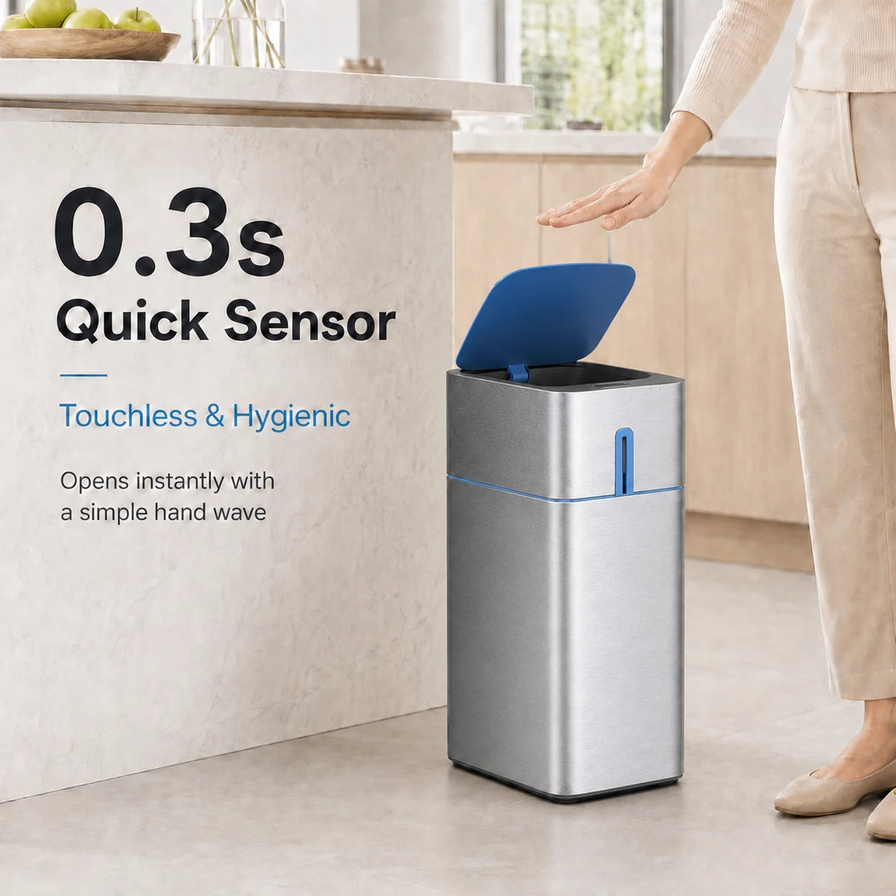 Joybos Premium Stainless Steel Smart Trash Can, 2.8 Gallon Touchless Motion Sensor Garbage Bin with Lid, Fingerprint-Resistant Slim Waste Container for High-End Bathroom & Kitchen, Includes 120 Drawstring Bags (8 Rolls)