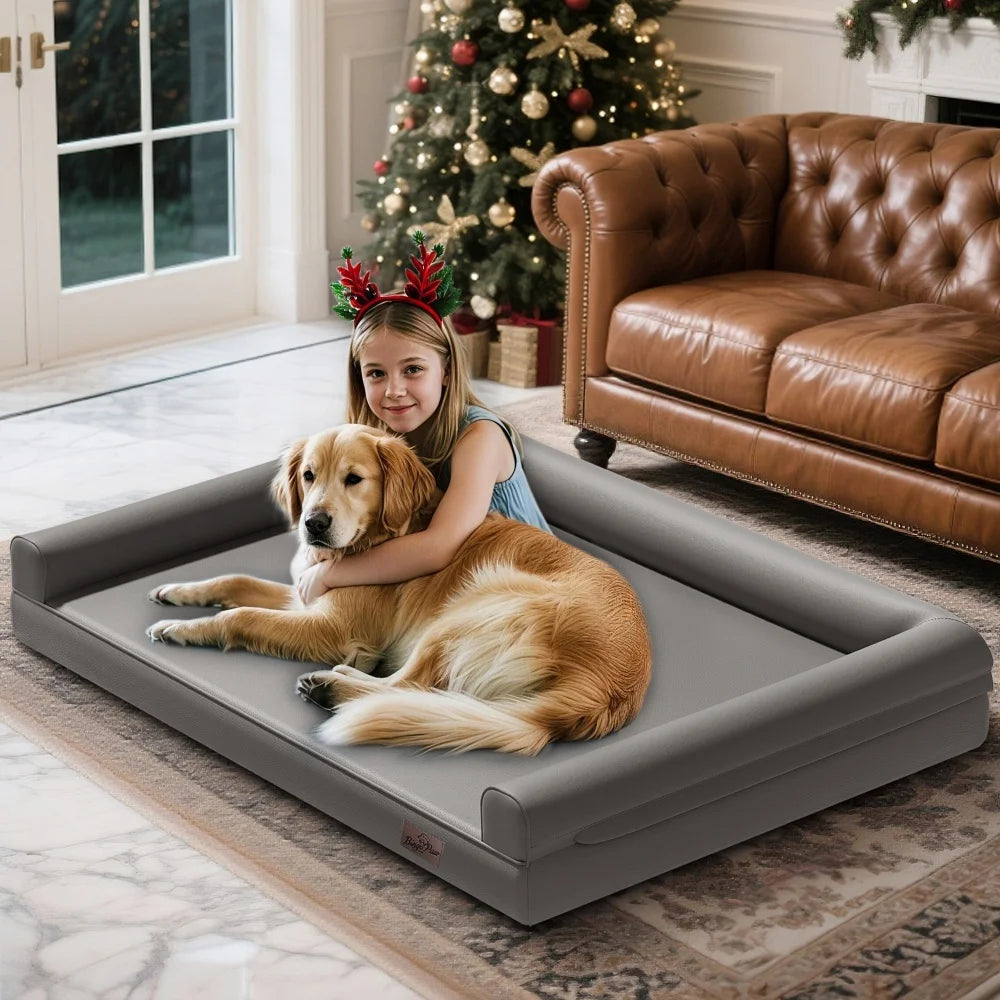Extra Large Orthopedic Dog Bed Bolster Microfiber Leather Pet Dog Sofa Waterproof Couch Calming Bed with Removable Cover
