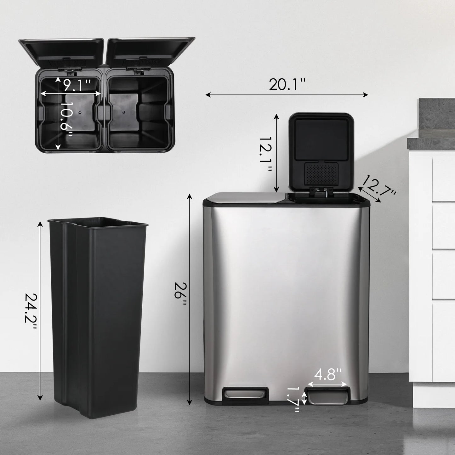 60L/16 Gal Dual Trash Can Stainless Steel Step Garbage Can w/Built-in Filter Box Kitchen Garbage Bin Recycle Waste Dustbin