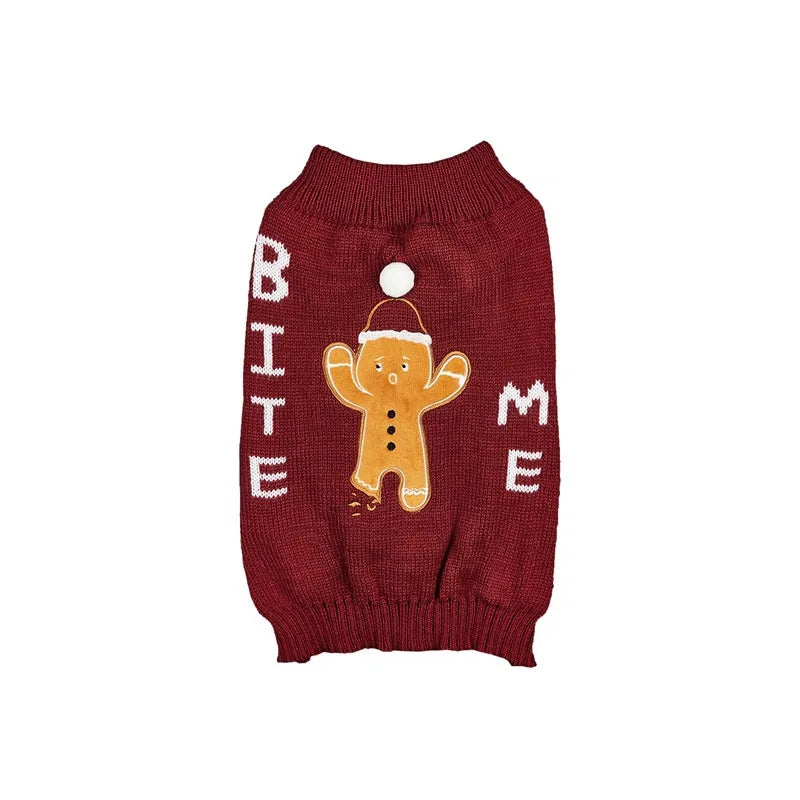 Christmas Pet Sweater for Dogs Cats Gingerbread Man Snowflake Knitted Xmas Jumper, Antler Hoodie with Belt, Warm Festive Costume