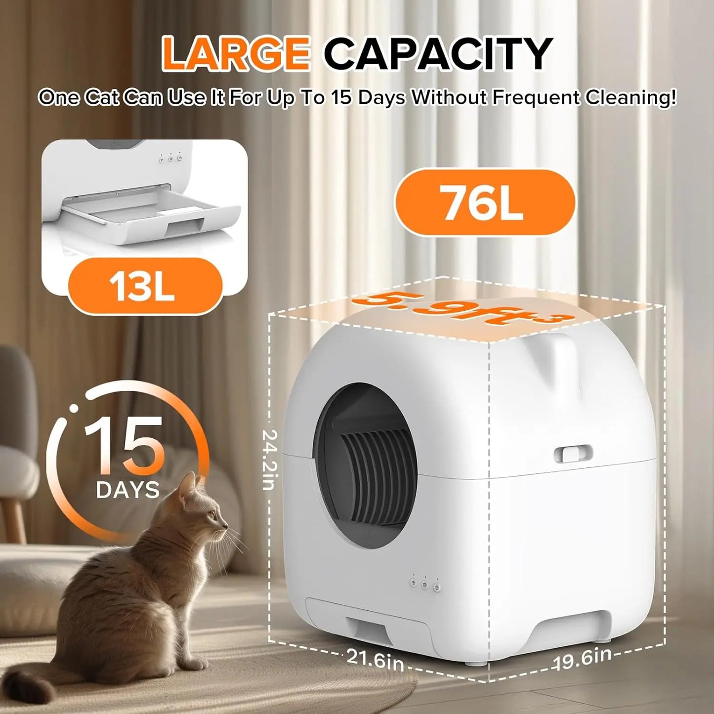 Self Cleaning Litter Box, 76L Automatic Cat Litter Box Self Cleaning for Multiple Cats, APP Control Safe Low Noise, Customized
