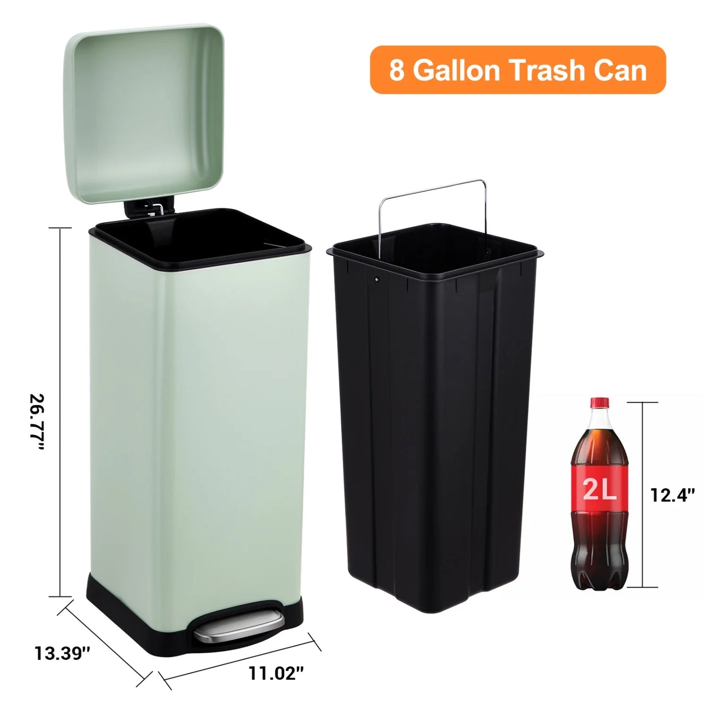 30L (8 Gallon) Stainless Steel Step Trash Can, Fingerprint Resistant with Soft Close Lid, Hands-Free Foot Pedal Garbage Bin with Removable Inner Bucket for Kitchen Office Bathroom Bedroom