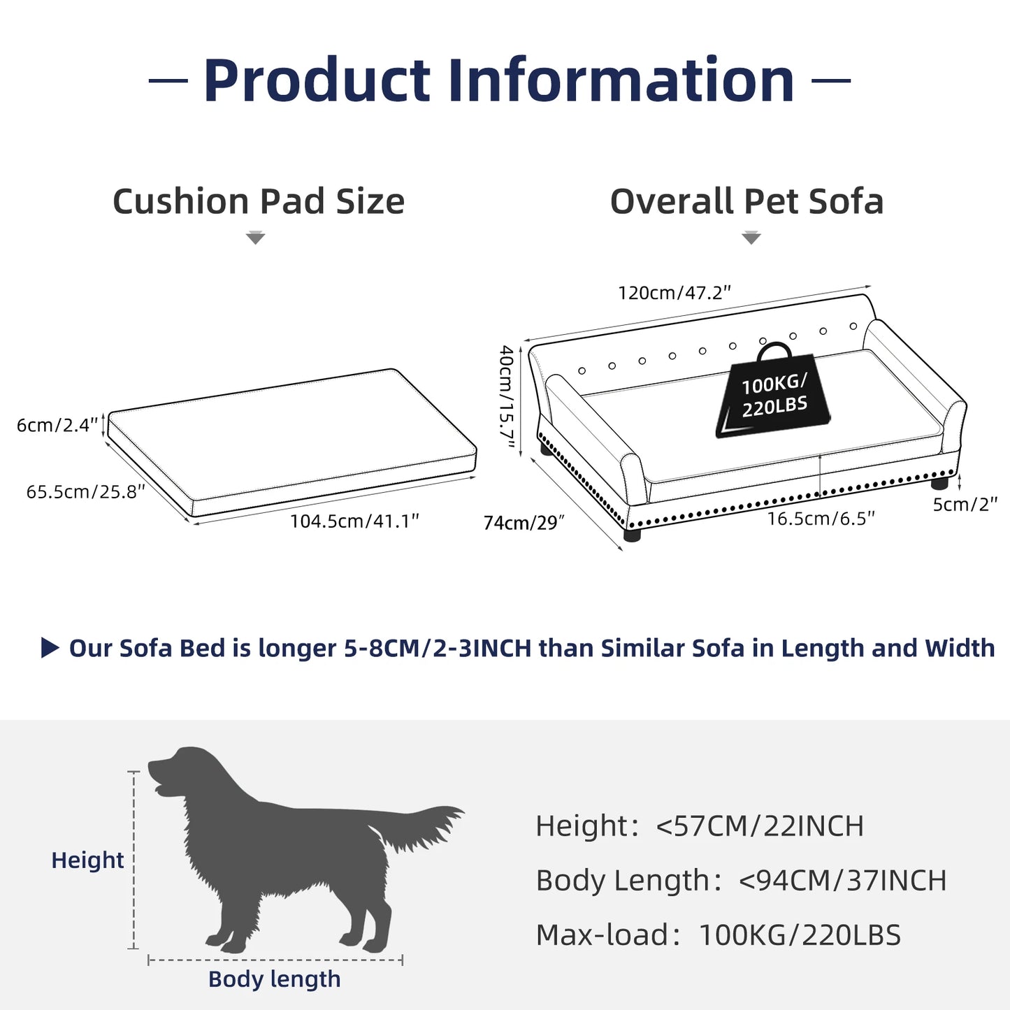 Extra Large Dog Sofa Couch Bed for Medium to Large Dogs Elevated Pet Sofa Lounge Furniture Removable Sponge Cushion