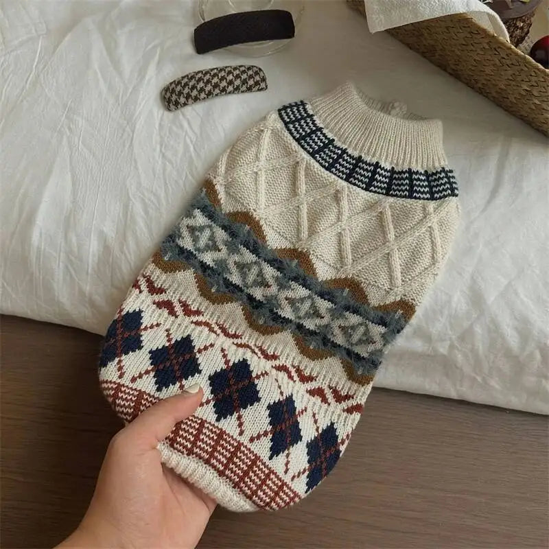 BXX Autumn Winter Fair Isle Knit Pet Sweater Vintage British Argyle Jacquard Warm Pullover For Small Dogs Cats Outfit
