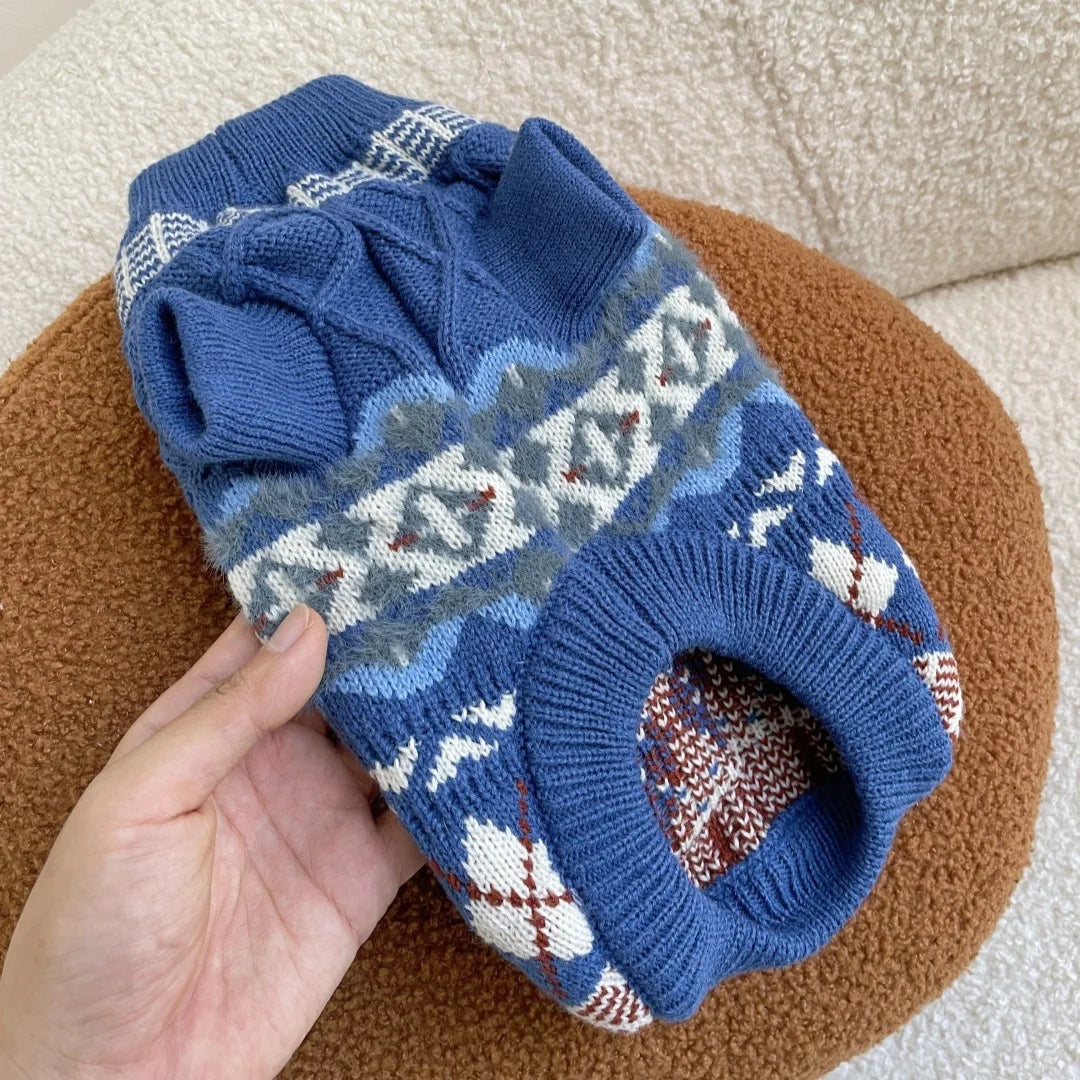 BXX Autumn Winter Fair Isle Knit Pet Sweater Vintage British Argyle Jacquard Warm Pullover For Small Dogs Cats Outfit
