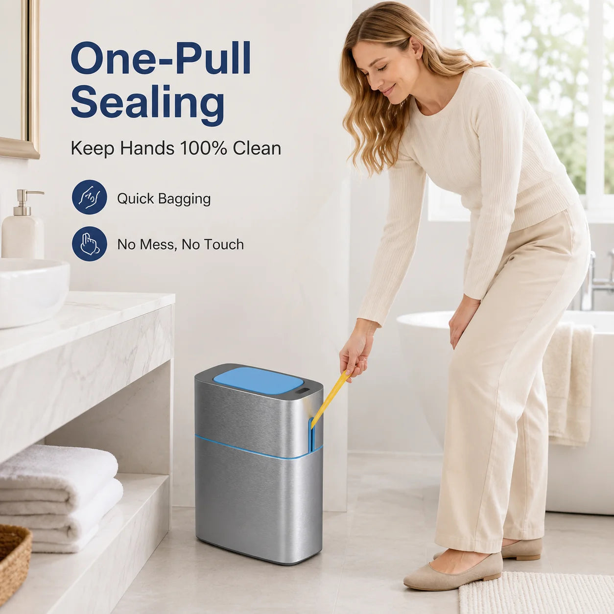 Joybos Premium Stainless Steel Smart Trash Can, 2.8 Gallon Touchless Motion Sensor Garbage Bin with Lid, Fingerprint-Resistant Slim Waste Container for High-End Bathroom & Kitchen, Includes 120 Drawstring Bags (8 Rolls)