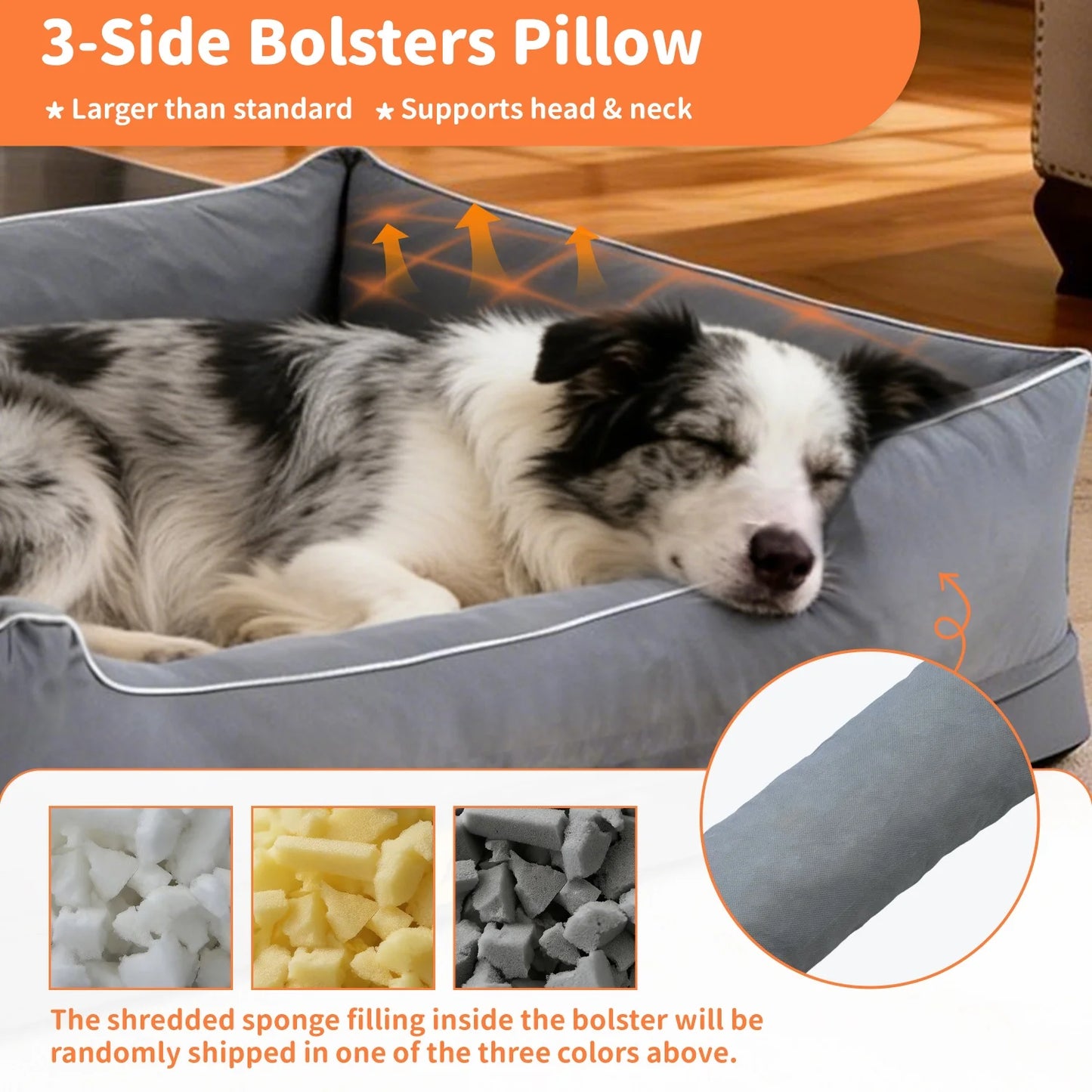 Orthopedic Dog Beds Dark Grey Pet Sofa Cushion with Removable Machine Washable Cover Foam Base & Bolsters Dog Couch for Large Medium Small Dogs