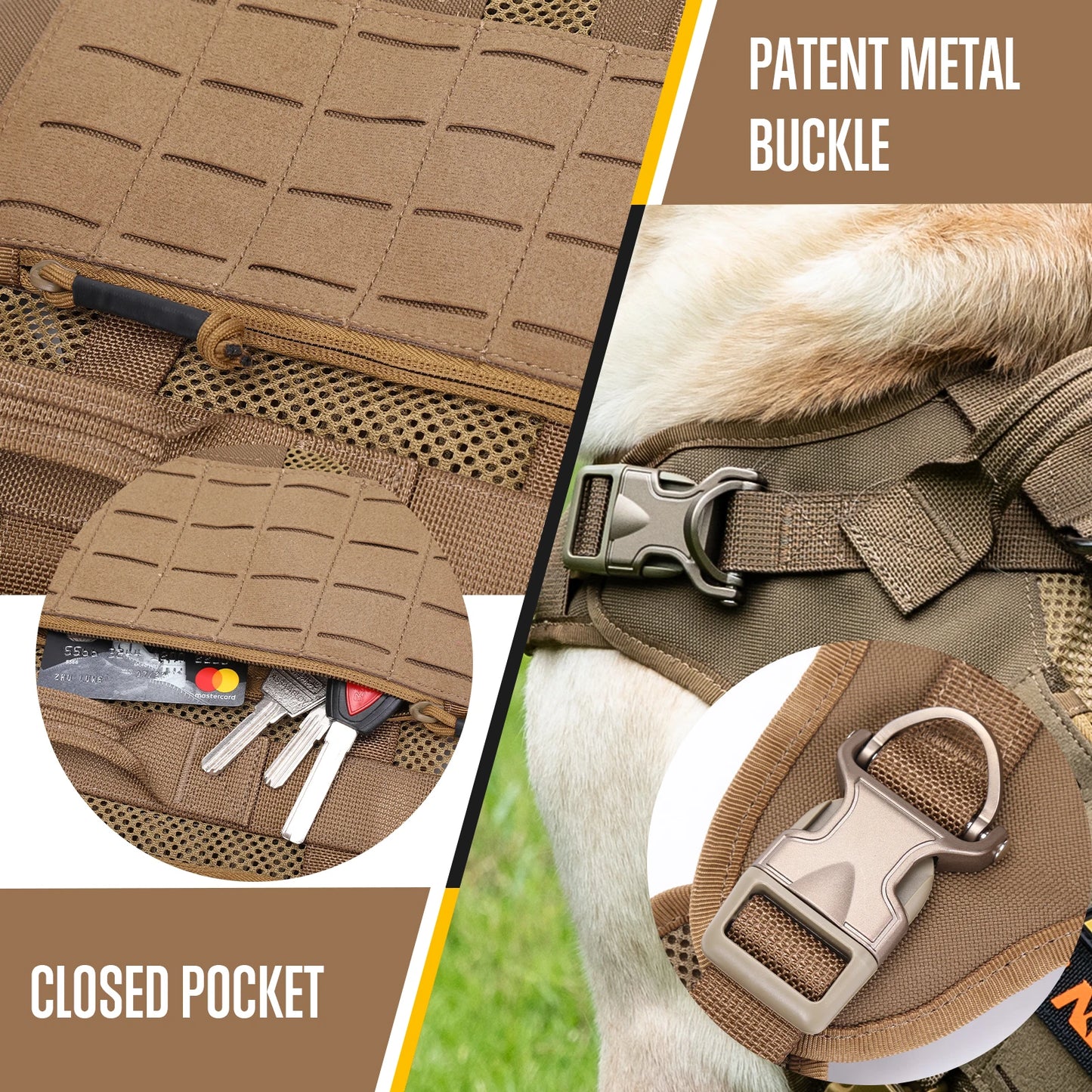 KQP Adjustable Tactical No Pull Dog Harness 1000D Nylon Breathable Mesh MOLLE Metal Buckle Do Not Pet Patch for Medium-Large Dog