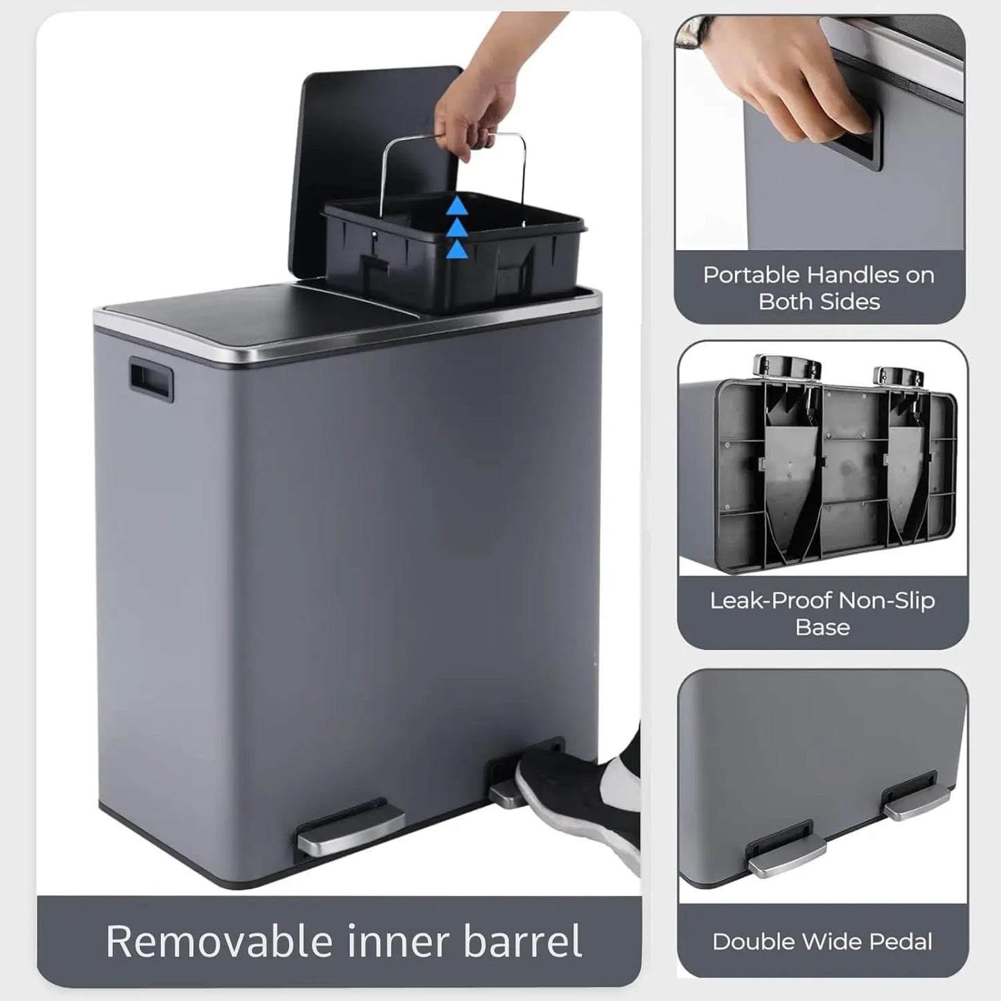 16 Gal (60 L) Stainless Steel Kitchen Trash Can Dual Recycling Bin Garbage Can with Lid Garbage Bin Dustbin w/ Soft-Close Lid