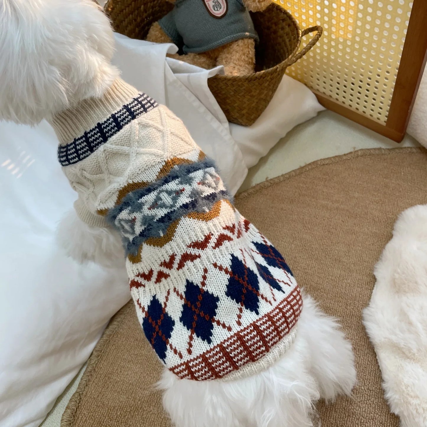 BXX Autumn Winter Fair Isle Knit Pet Sweater Vintage British Argyle Jacquard Warm Pullover For Small Dogs Cats Outfit