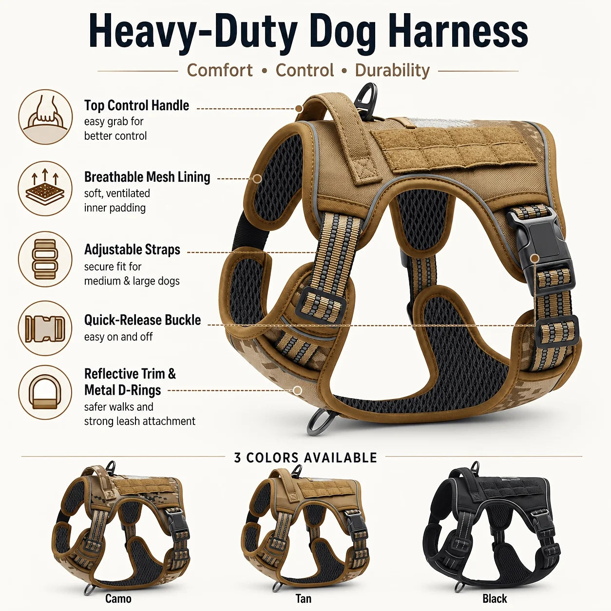 Premium Tactical Dog Harness 16.4ft Leash for Large Dogs Heavy Duty Military Style Reinforced Straps Safety Control Hiking