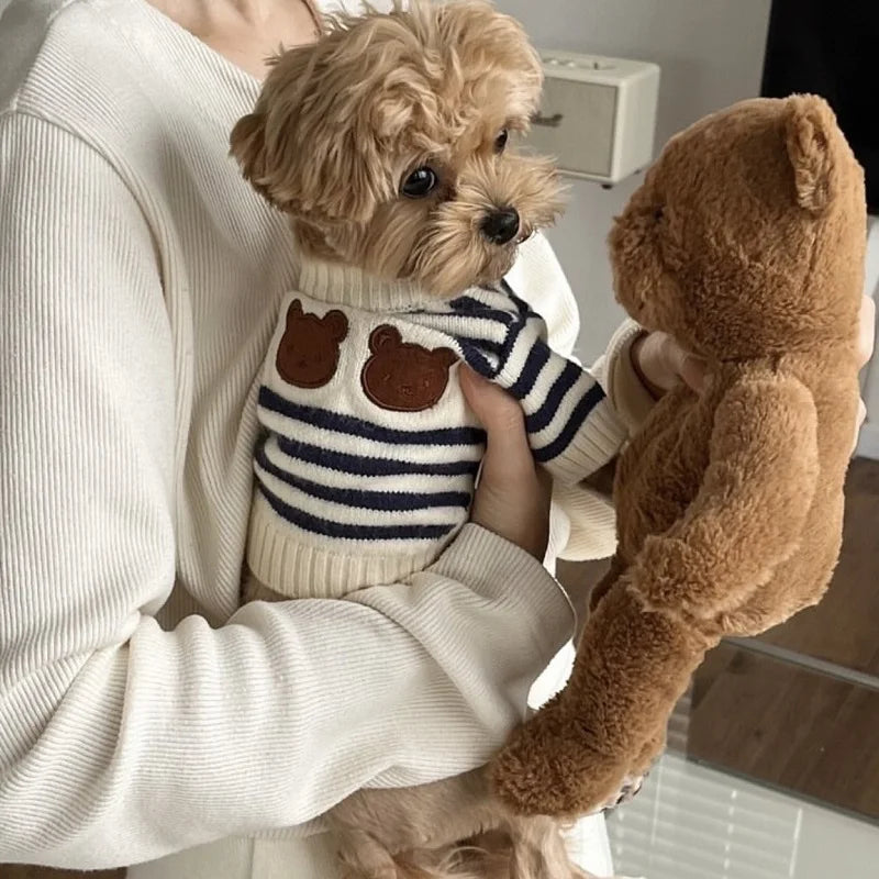 ZUJOLY Cute Bear Dog Sweater Striped Knitted Warm Pullover for Chihuahua Dachshund Puppy Autumn Winter
