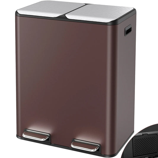 60L/16 Gal Dual Trash Can Stainless Steel Step Garbage Can w/Built-in Filter Box Kitchen Garbage Bin Recycle Waste Dustbin