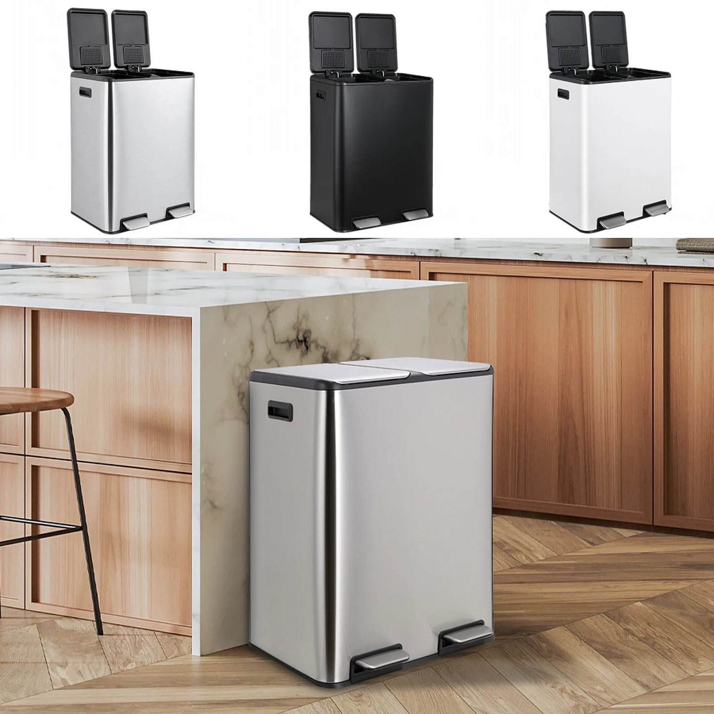 60L/16 Gal Dual Trash Can Stainless Steel Step Garbage Can w/Built-in Filter Box Kitchen Garbage Bin Recycle Waste Dustbin