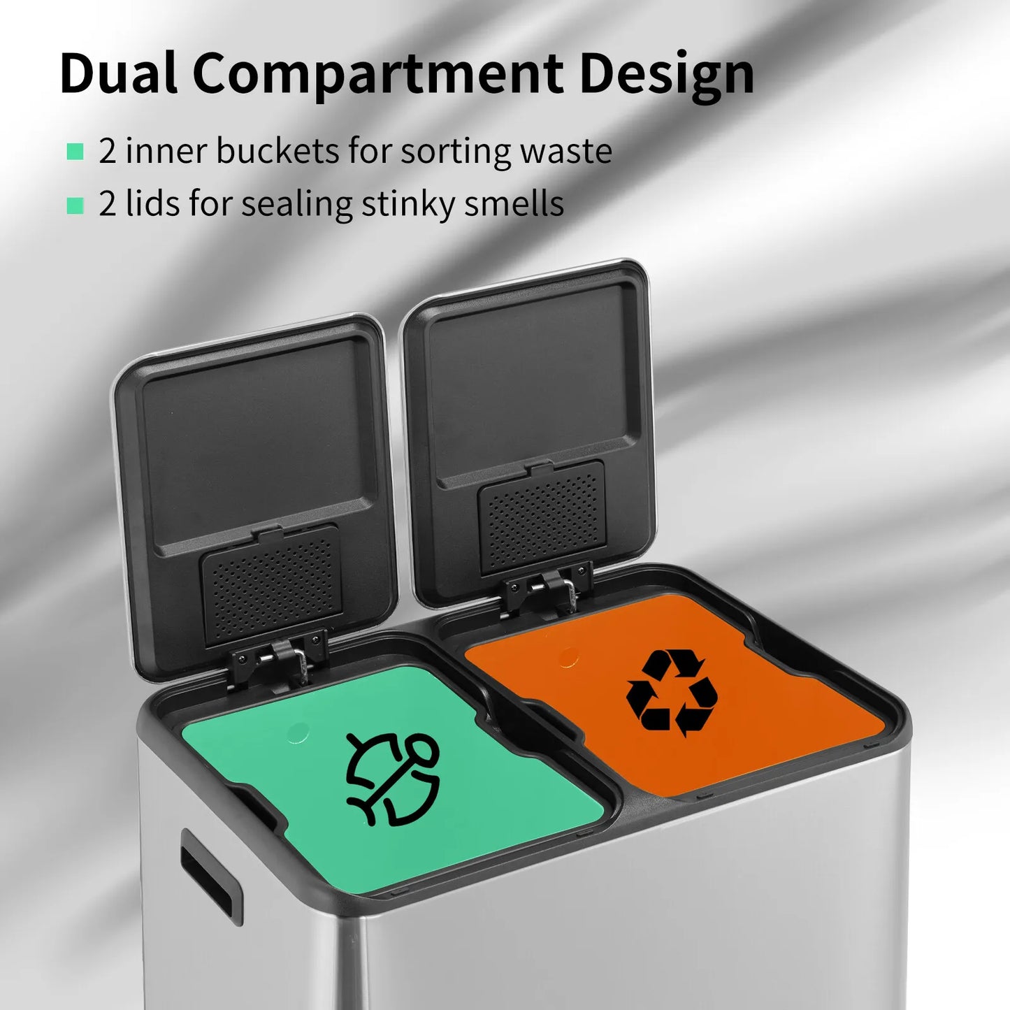 60L/16 Gal Dual Trash Can Stainless Steel Step Garbage Can w/Built-in Filter Box Kitchen Garbage Bin Recycle Waste Dustbin