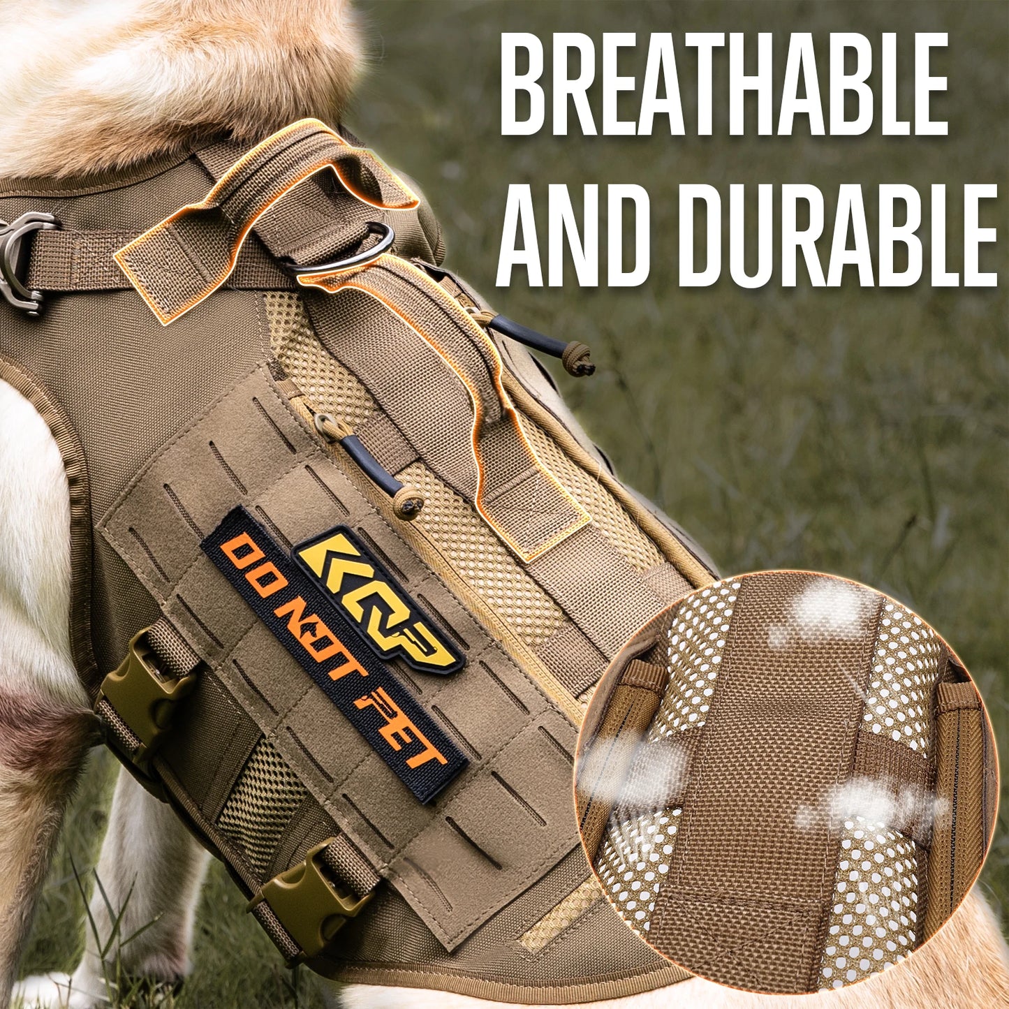 KQP Adjustable Tactical No Pull Dog Harness 1000D Nylon Breathable Mesh MOLLE Metal Buckle Do Not Pet Patch for Medium-Large Dog