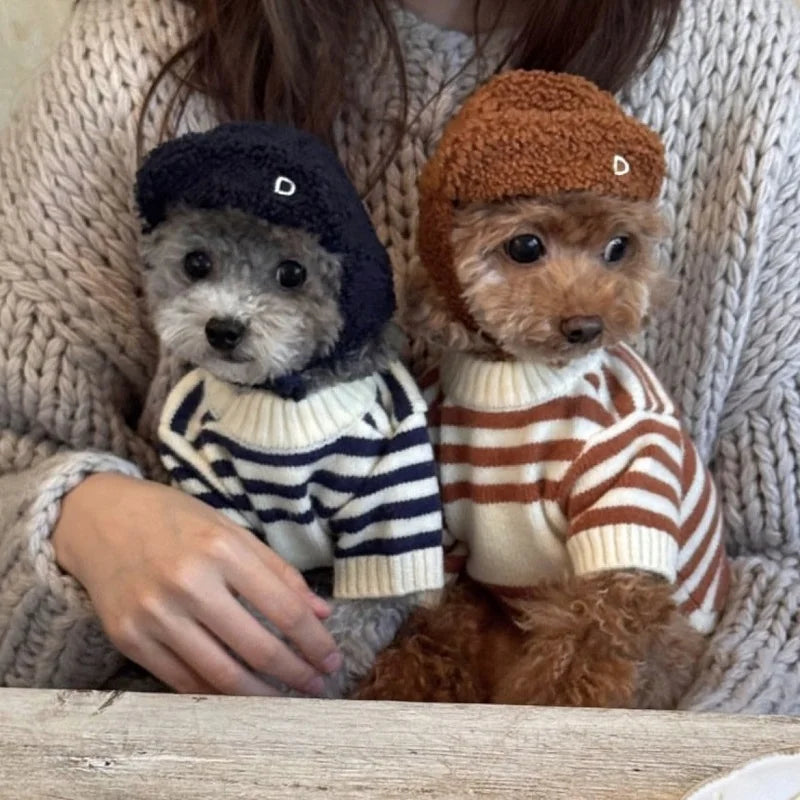ZUJOLY Cute Bear Dog Sweater Striped Knitted Warm Pullover for Chihuahua Dachshund Puppy Autumn Winter