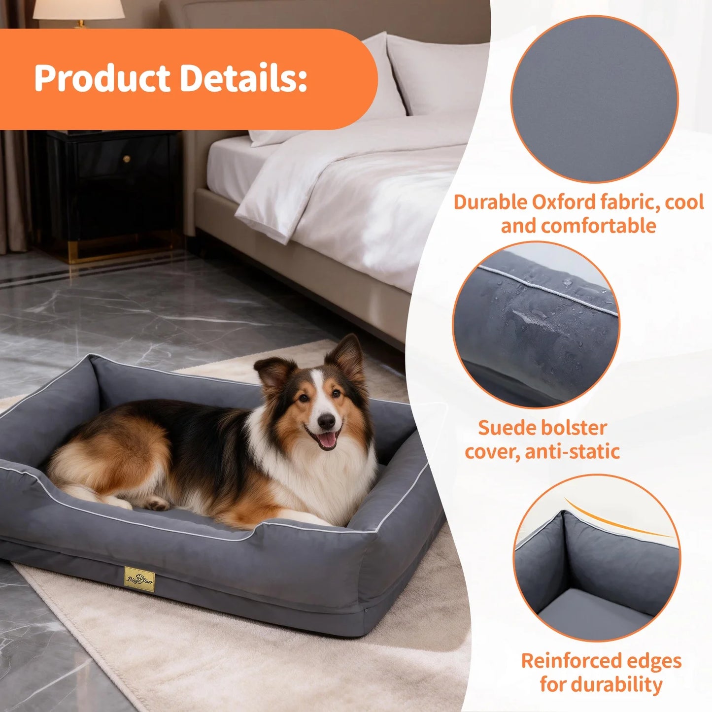 Orthopedic Dog Beds Dark Grey Pet Sofa Cushion with Removable Machine Washable Cover Foam Base & Bolsters Dog Couch for Large Medium Small Dogs