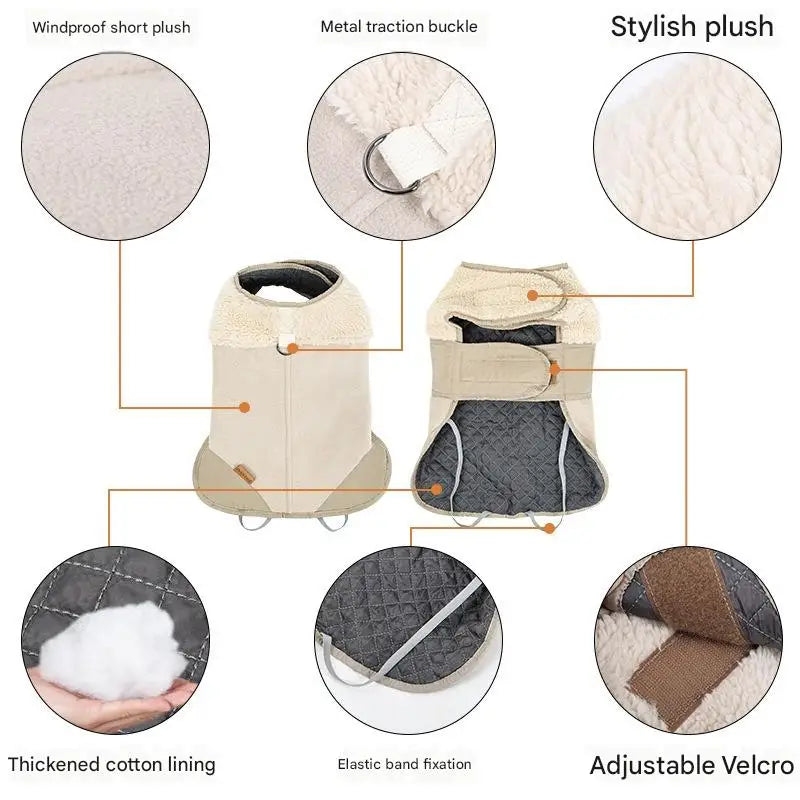Dog Winter Warm Windproof Adjustable Lamb Fleece Jacket Thick Cotton Coat S M L XL Beige Brown Blue Army Green
