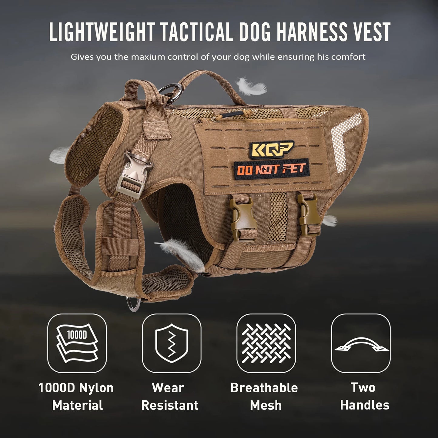 KQP Adjustable Tactical No Pull Dog Harness 1000D Nylon Breathable Mesh MOLLE Metal Buckle Do Not Pet Patch for Medium-Large Dog