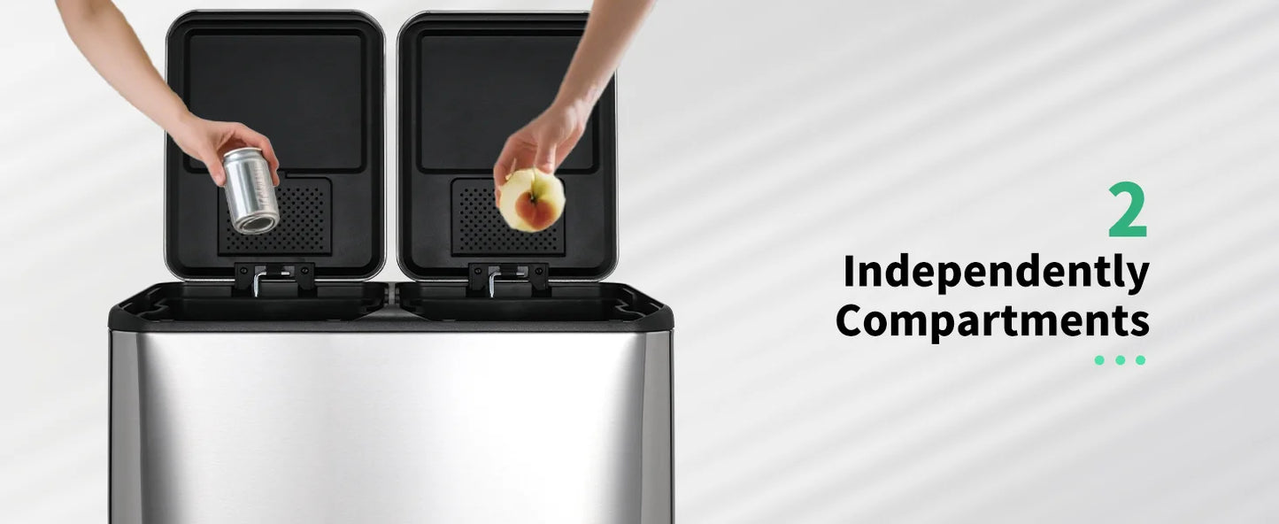 60L/16 Gal Dual Trash Can Stainless Steel Step Garbage Can w/Built-in Filter Box Kitchen Garbage Bin Recycle Waste Dustbin